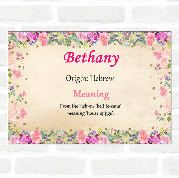 Bethany Name Meaning Floral Certificate