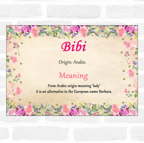 Bibi Name Meaning Floral Certificate