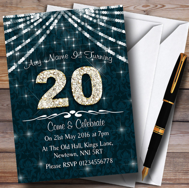 20Th Turquoise & White Bling Sparkle Birthday Party Personalised Invitations