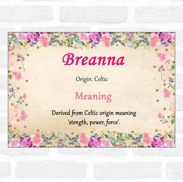 Breanna Name Meaning Floral Certificate