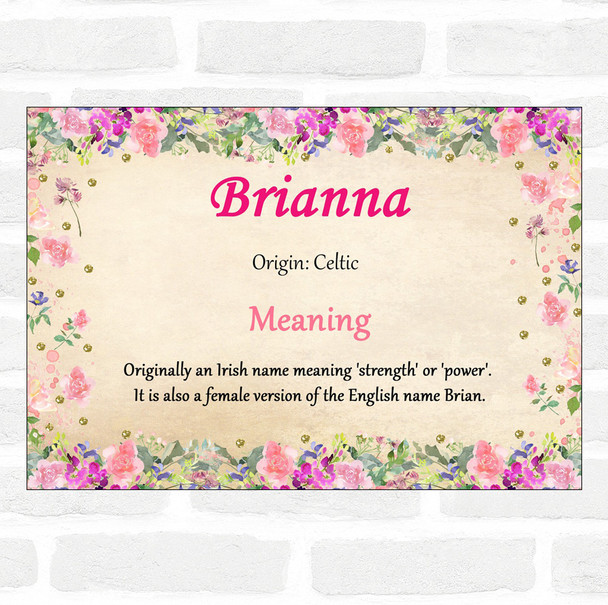 Brianna Name Meaning Floral Certificate