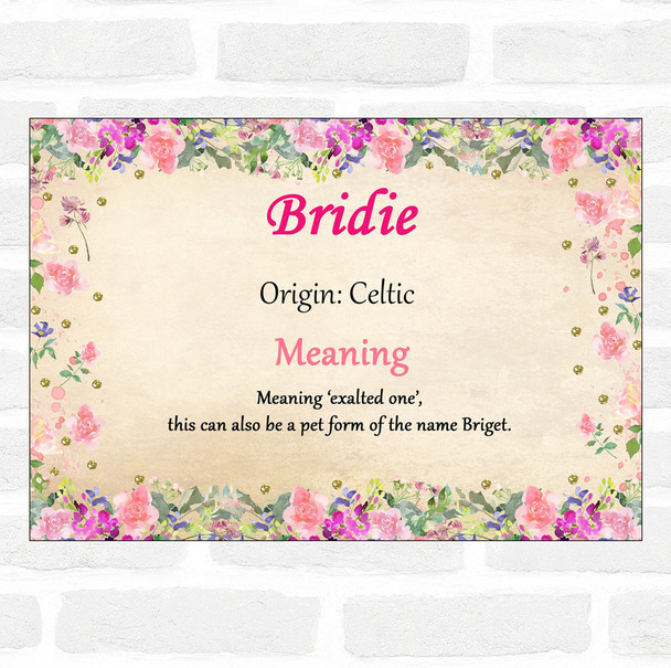 Bridie Name Meaning Floral Certificate