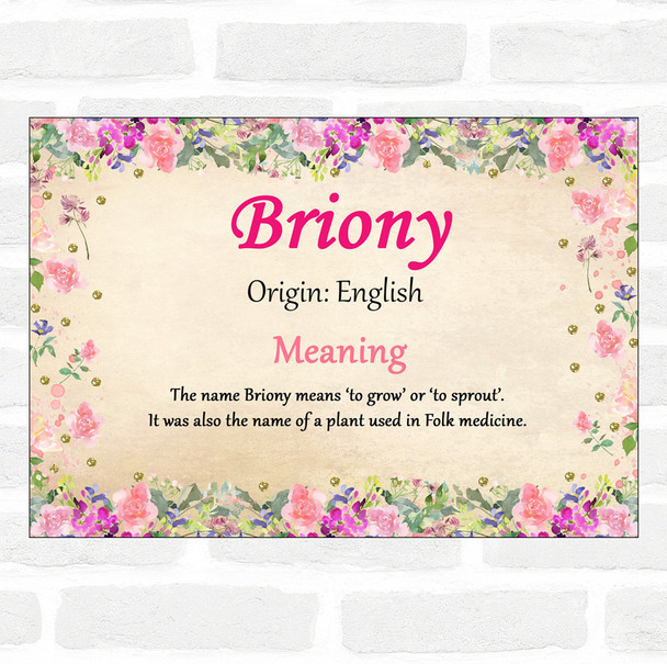Briony Name Meaning Floral Certificate
