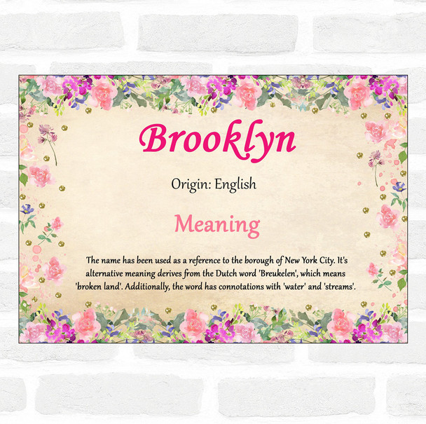 Brooklyn Name Meaning Floral Certificate