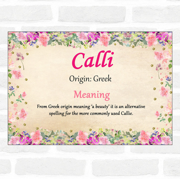 Calli Name Meaning Floral Certificate