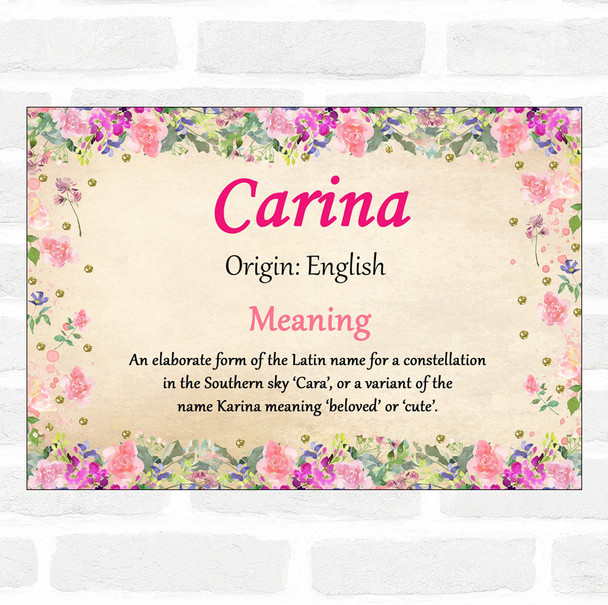 Carina Name Meaning Floral Certificate