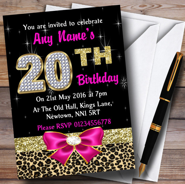 Pink Diamond And Leopard Print 20Th Birthday Party Personalised Invitations