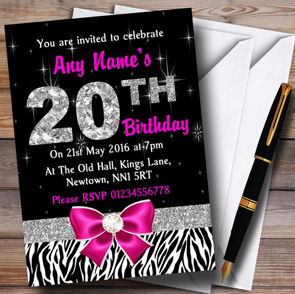Pink Diamond And Zebra Print 20Th Birthday Party Personalised Invitations