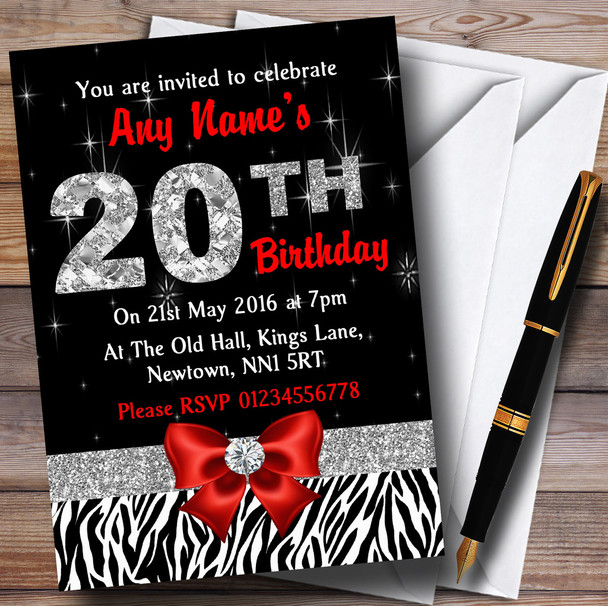 Red Diamond And Zebra Print 20Th Birthday Party Personalised Invitations