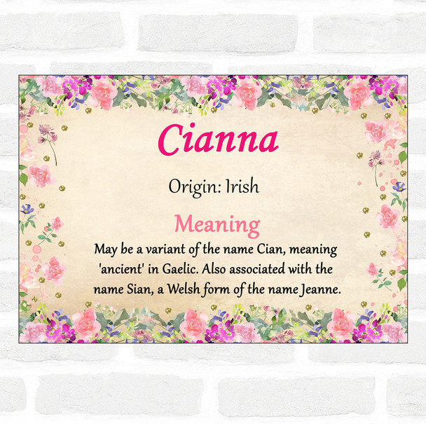 Cianna Name Meaning Floral Certificate