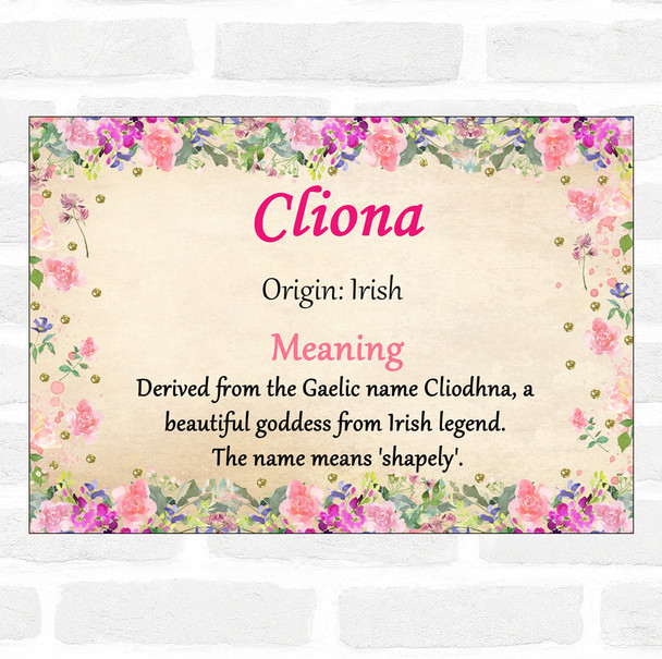Cliona Name Meaning Floral Certificate