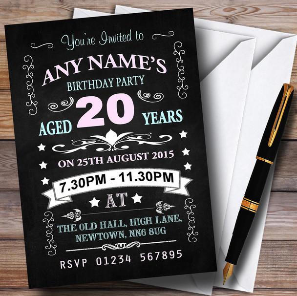 Vintage Chalkboard Style Pink And Blue 20Th Birthday Party Personalised Invitations