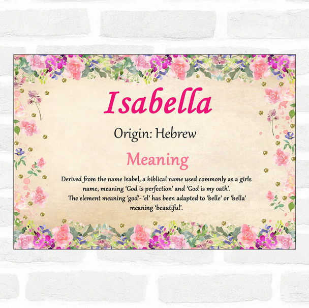 Isabella Name Meaning Floral Certificate