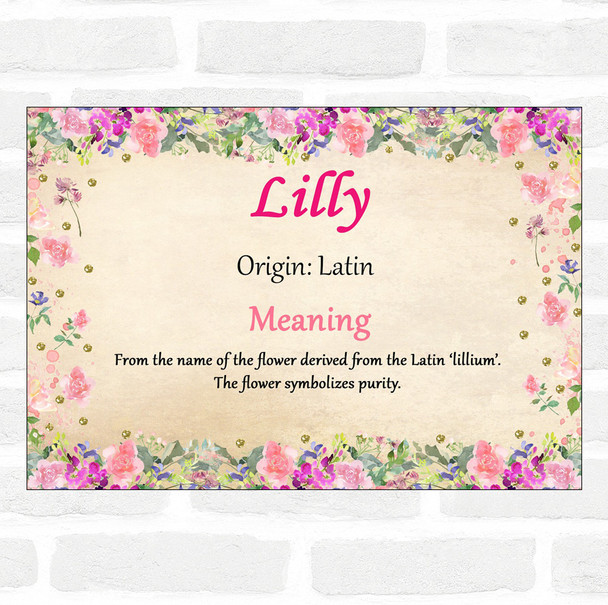 Lilly Name Meaning Floral Certificate