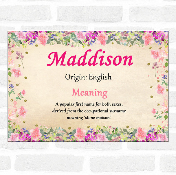 Maddison Name Meaning Floral Certificate