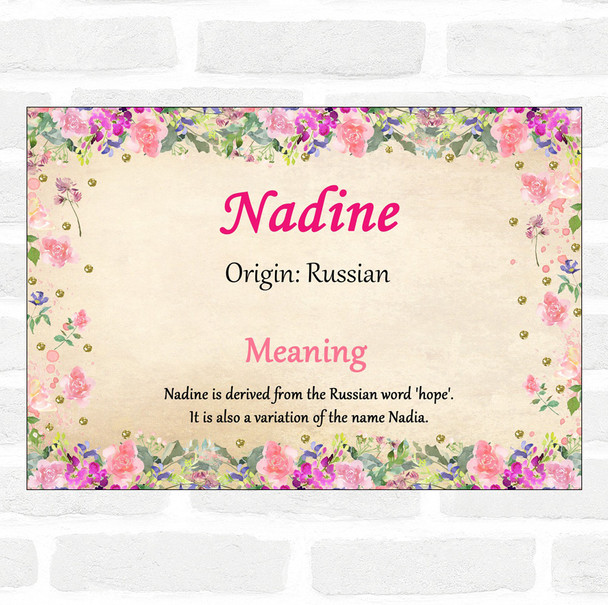 Nadine Name Meaning Floral Certificate