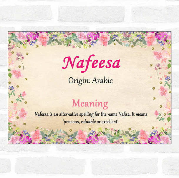 Nafeesa Name Meaning Floral Certificate