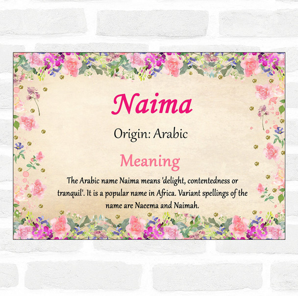 Naima Name Meaning Floral Certificate