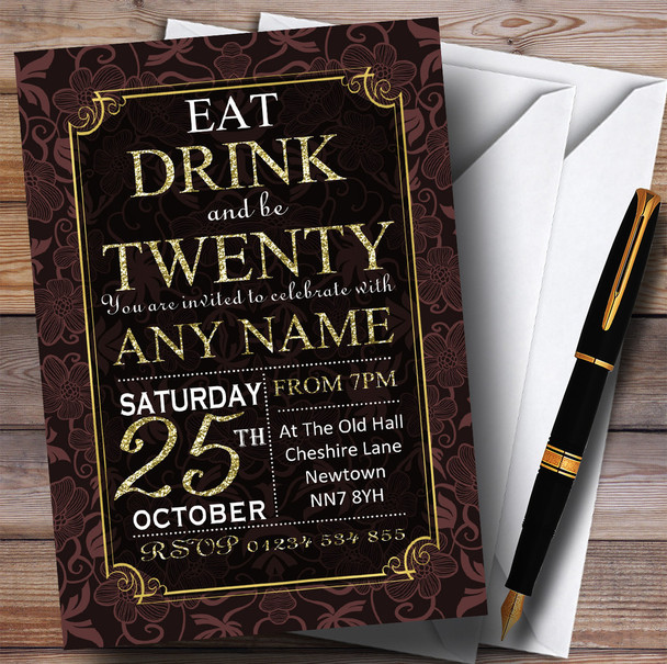 Brown & Gold Flowers 20th Personalised Birthday Party Invitations