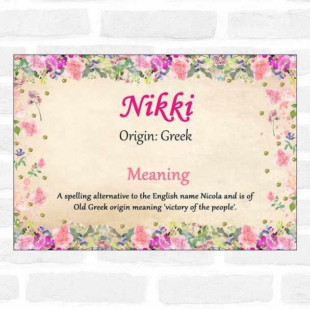 Nikki Name Meaning Floral Certificate
