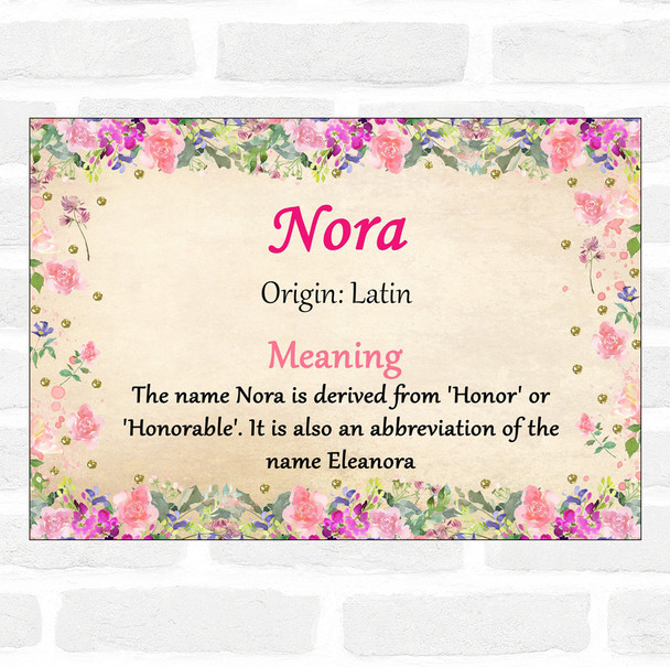 Nora Name Meaning Floral Certificate