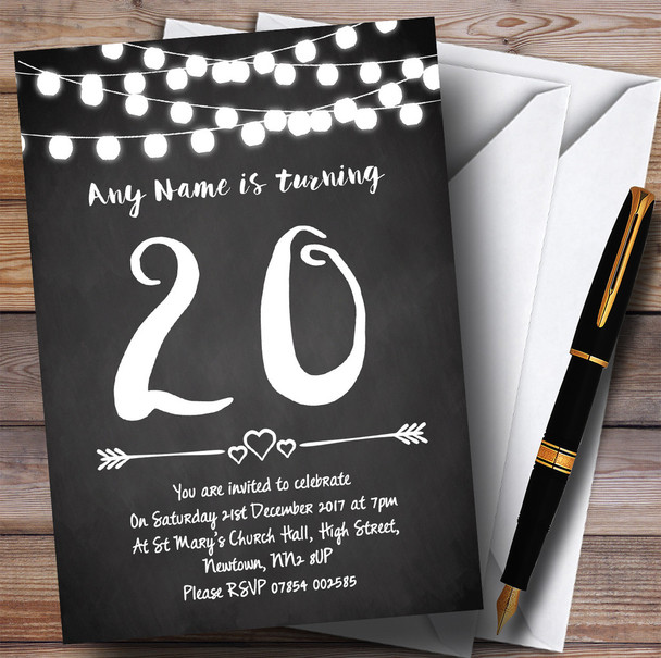 Chalk Style Lights 20th Personalised Birthday Party Invitations