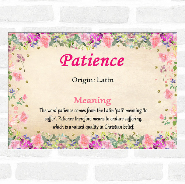 Patience Name Meaning Floral Certificate