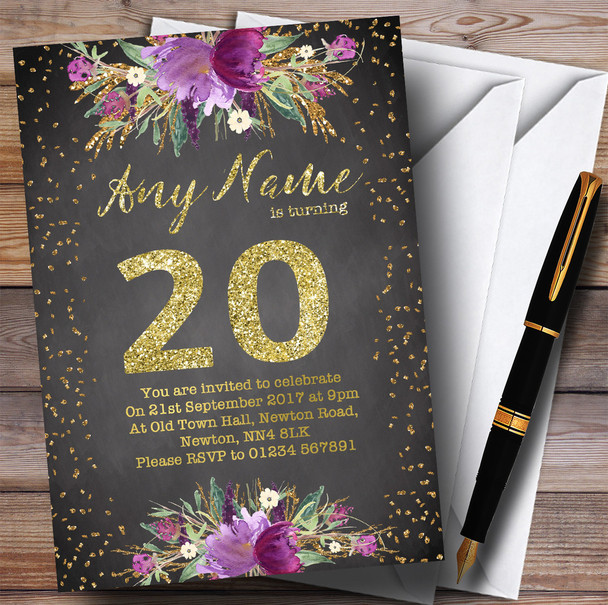 Chalk Watercolour Purple Gold 20th Personalised Birthday Party Invitations Chalk Watercolour Purple Gold 20th Personalised Birthday Party Invitations
