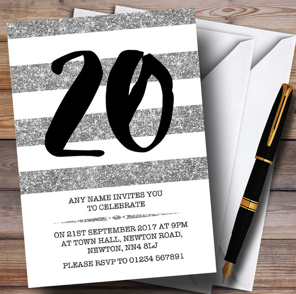 Glitter Silver & White Striped 20th Personalised Birthday Party Invitations