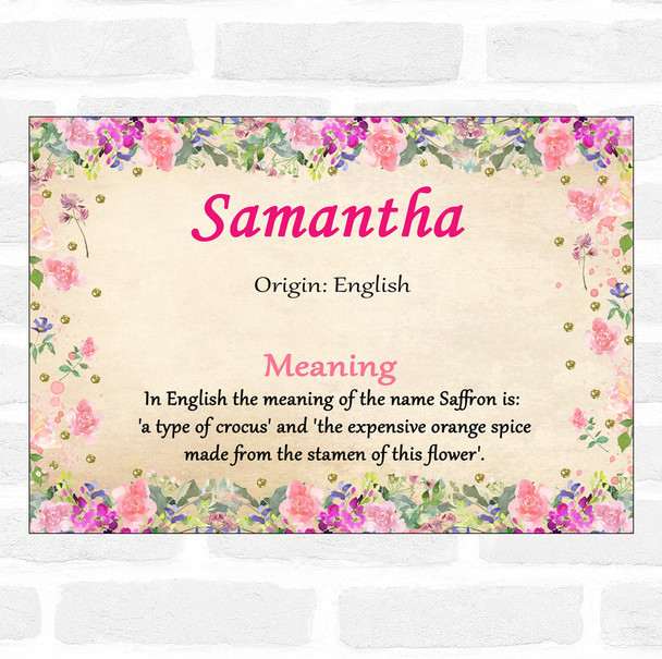 Samantha Name Meaning Floral Certificate