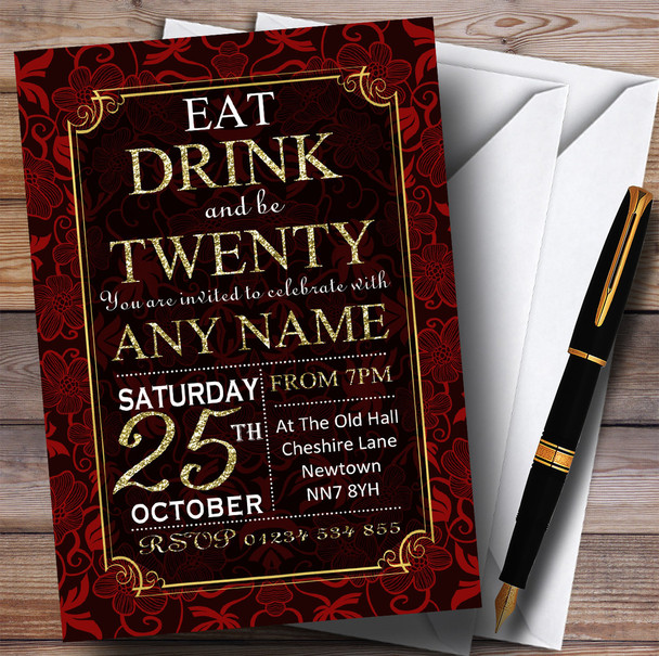 Red & Gold Flowers 20th Personalised Birthday Party Invitations