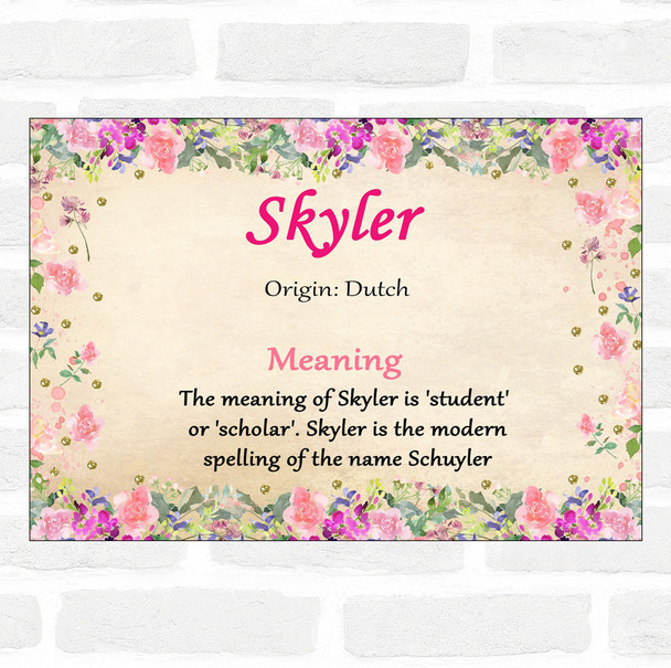 Skyler Name Meaning Floral Certificate