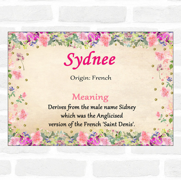 Sydnee Name Meaning Floral Certificate