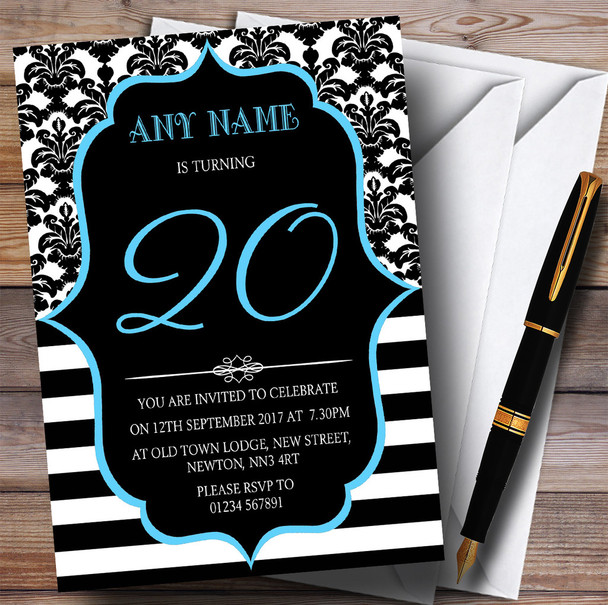 Vintage Damask Blue 20th Personalised Birthday Party Invitations