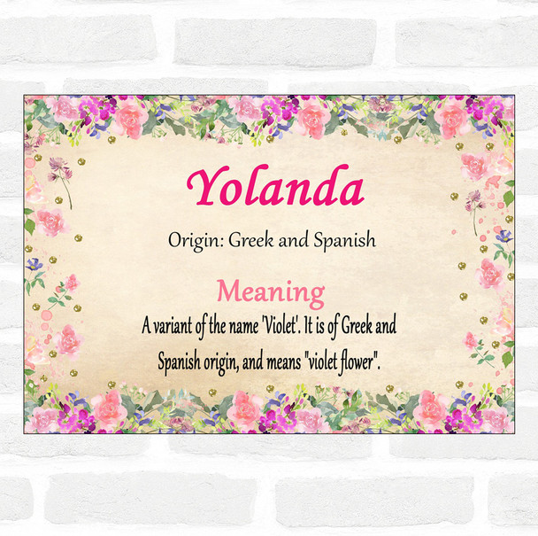 Yolanda Name Meaning Floral Certificate