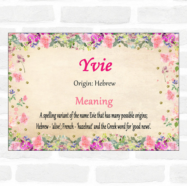 Yvie Name Meaning Floral Certificate