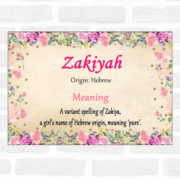 Zakiyah Name Meaning Floral Certificate