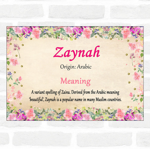 Zaynah Name Meaning Floral Certificate