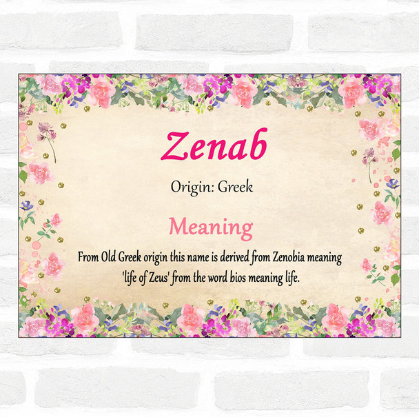 Zenab Name Meaning Floral Certificate