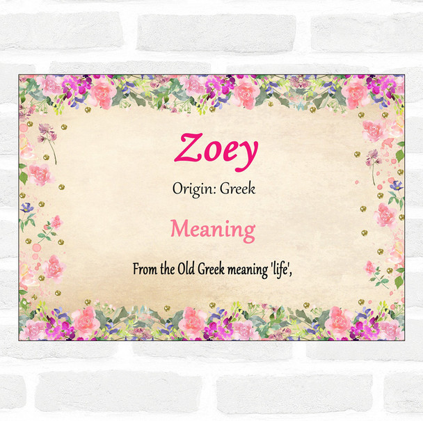 Zoey Name Meaning Floral Certificate