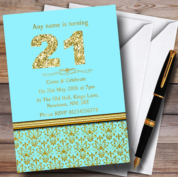 Aqua Sky Blue & Gold Vintage Damask 21St Personalised Birthday Party Invitations