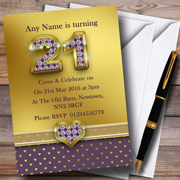 Gold Satin And Purple Hearts 21St Personalised Birthday Party Invitations