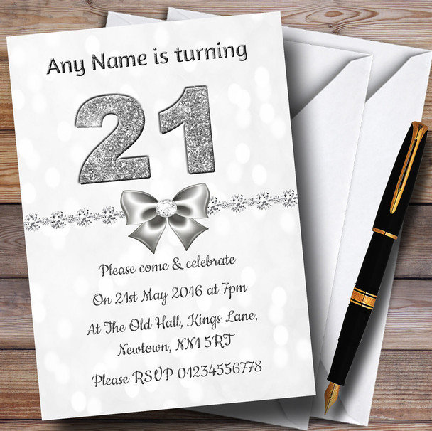 White Bokeh and Silver Glitter Look 21st Personalised Birthday Party Invitations