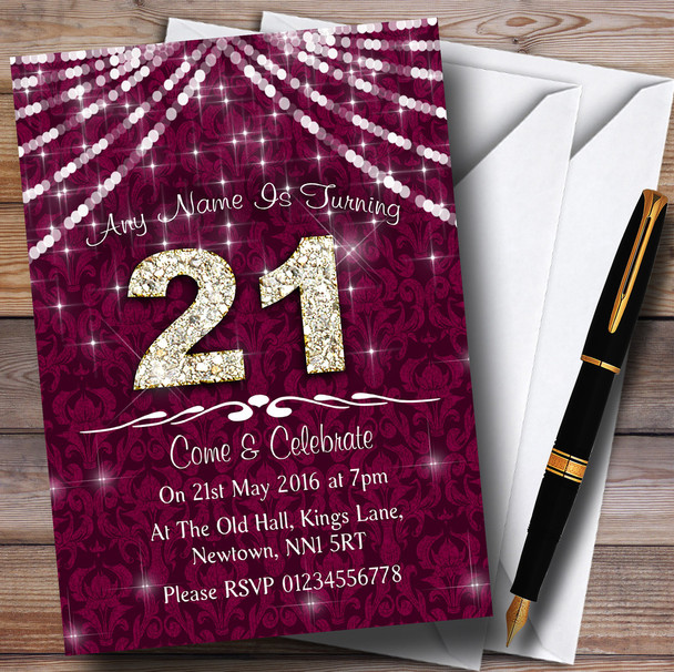 21St  Cranberry & White Bling Sparkle Birthday Party Personalised Invitations