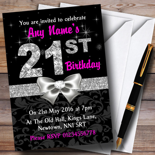 Pink Black Silver Diamond 21St Birthday Party Personalised Invitations