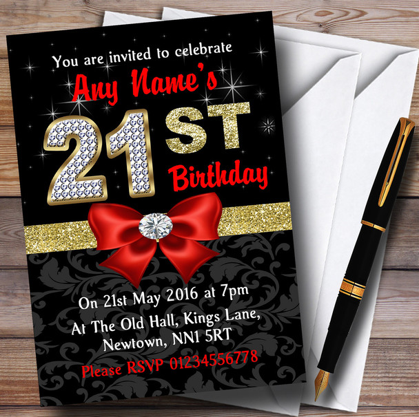 Red Black Gold Diamond 21St Birthday Party Personalised Invitations