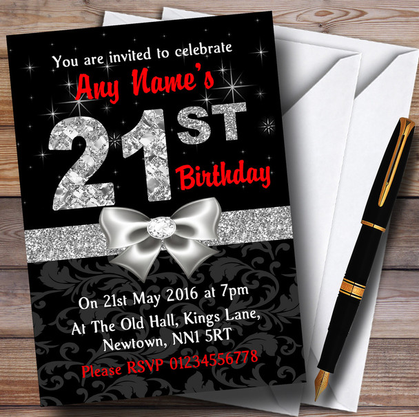 Red Black Silver Diamond 21St Birthday Party Personalised Invitations