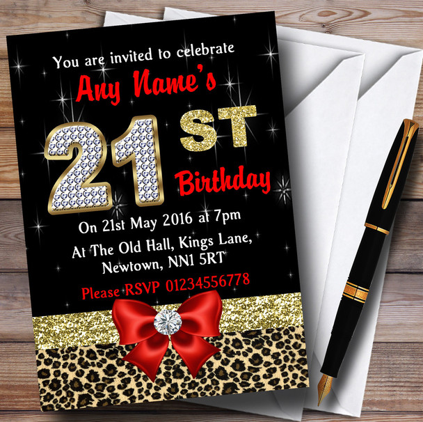 Red Diamond And Leopard Print 21St Birthday Party Personalised Invitations