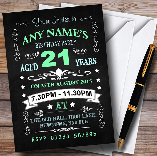 Vintage Chalkboard Style Green And Blue 21St Birthday Party Personalised Invitations