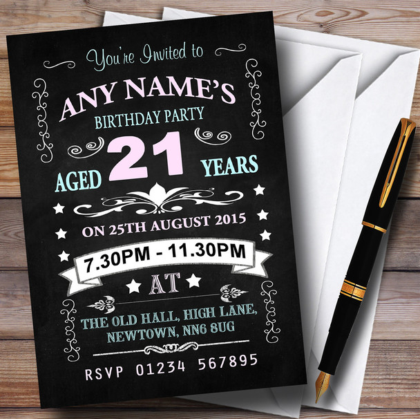 Vintage Chalkboard Style Pink And Blue 21St Birthday Party Personalised Invitations